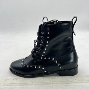 Black Women Lace Up Studded Round Toe Block Low Heel Ankle Boots Chelsea Boots